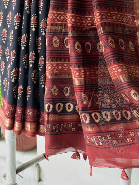 BLACK-MAROON HAND BLOCK PRINT CHANDERI SILK COTTON SARI