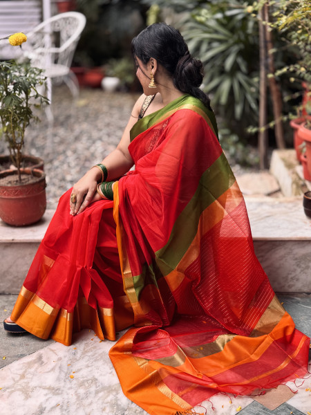 RED MAHESHWARI SILK & COTTON SARI