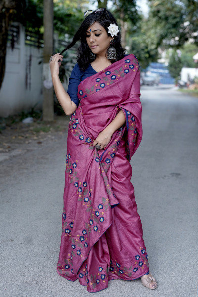 MAGENTA TUSSAR SILK HAND EMBROIDERED SARI