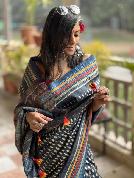 INDIGO HAND BLOCK PRINT KANTHA EMBROIDERED GICHA TUSSAR SILK SARI