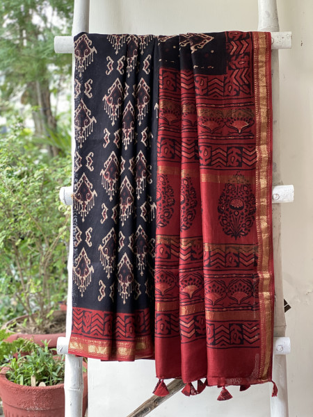 BLACK-MAROON HAND BLOCK PRINT CHANDERI SILK COTTON SARI