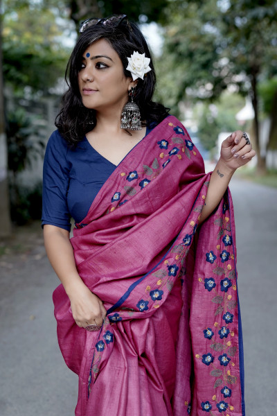 MAGENTA TUSSAR SILK HAND EMBROIDERED SARI
