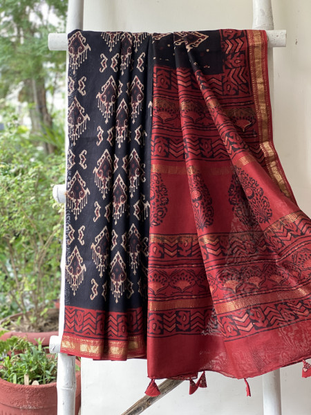 BLACK-MAROON HAND BLOCK PRINT CHANDERI SILK COTTON SARI