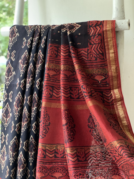 BLACK-MAROON HAND BLOCK PRINT CHANDERI SILK COTTON SARI
