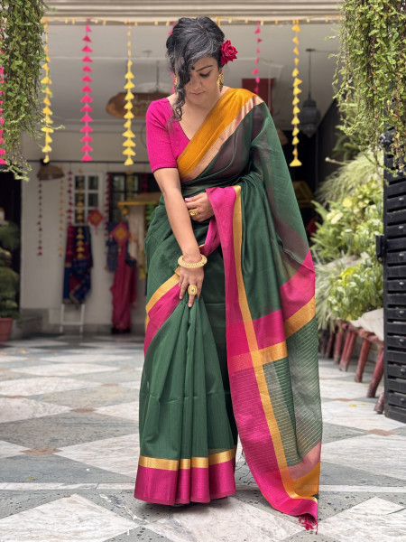 BOTTLE GREEN MAHESHWARI SILK & COTTON SARI