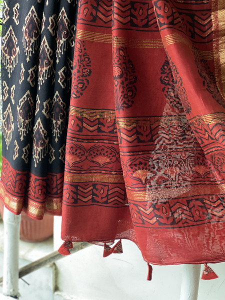BLACK-MAROON HAND BLOCK PRINT CHANDERI SILK COTTON SARI
