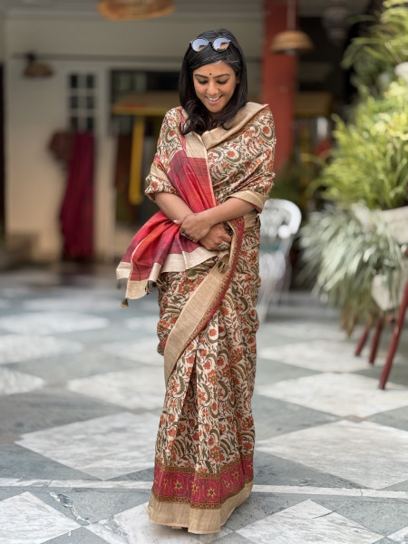 BEIGE-RED PRINTED TUSSAR SILK SARI