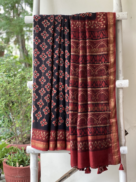 BLACK-MAROON HAND BLOCK PRINT CHANDERI SILK COTTON SARI