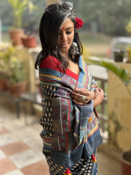 INDIGO HAND BLOCK PRINT KANTHA EMBROIDERED GICHA TUSSAR SILK SARI