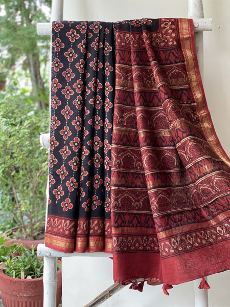 BLACK-MAROON HAND BLOCK PRINT CHANDERI SILK COTTON SARI