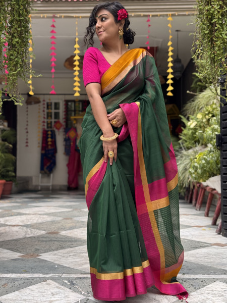 BOTTLE GREEN MAHESHWARI SILK & COTTON SARI