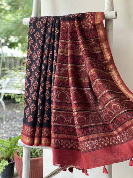 BLACK-MAROON HAND BLOCK PRINT CHANDERI SILK COTTON SARI