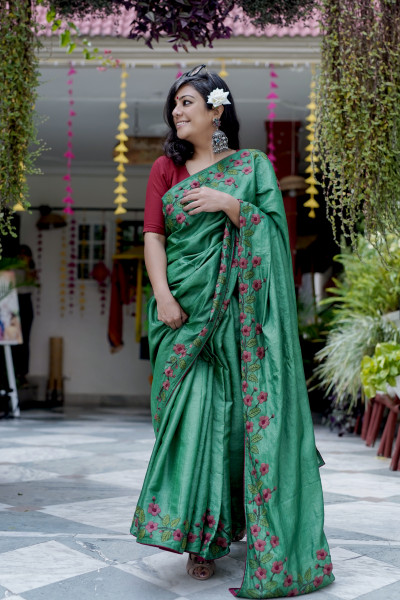 GREEN  TUSSAR SILK HAND EMBROIDERED SARI