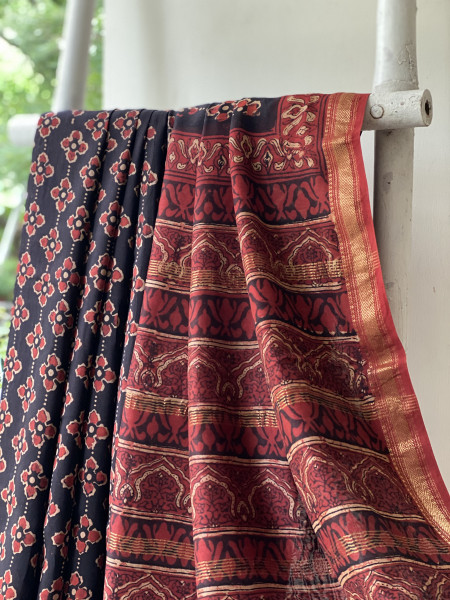 BLACK-MAROON HAND BLOCK PRINT CHANDERI SILK COTTON SARI