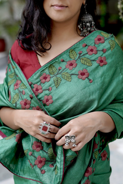 GREEN  TUSSAR SILK HAND EMBROIDERED SARI
