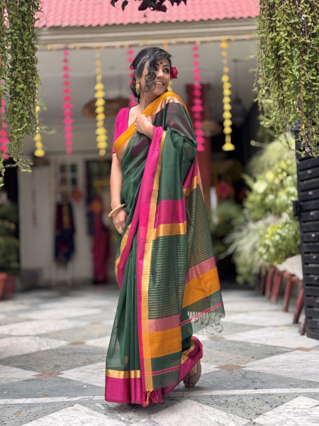BOTTLE GREEN MAHESHWARI SILK & COTTON SARI