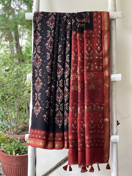 BLACK-MAROON HAND BLOCK PRINT CHANDERI SILK COTTON SARI