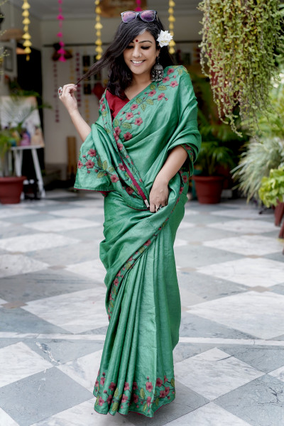 GREEN  TUSSAR SILK HAND EMBROIDERED SARI