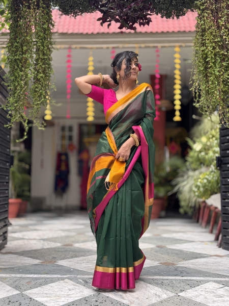 BOTTLE GREEN MAHESHWARI SILK & COTTON SARI