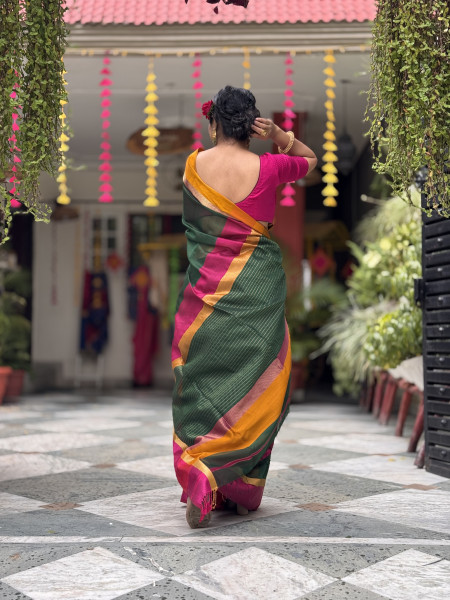 BOTTLE GREEN MAHESHWARI SILK & COTTON SARI