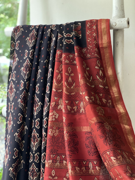 BLACK-MAROON HAND BLOCK PRINT CHANDERI SILK COTTON SARI