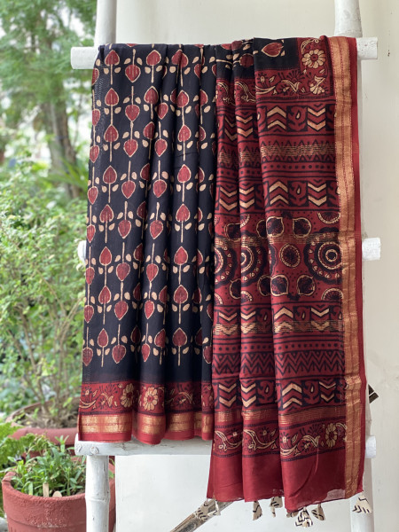 BLACK-MAROON HAND BLOCK PRINT CHANDERI SILK COTTON SARI