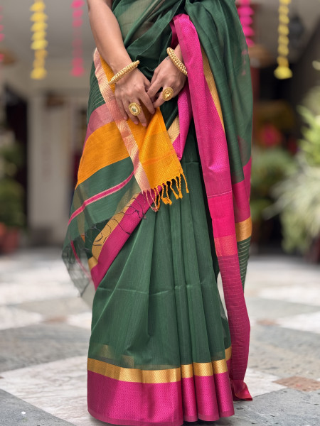 BOTTLE GREEN MAHESHWARI SILK & COTTON SARI
