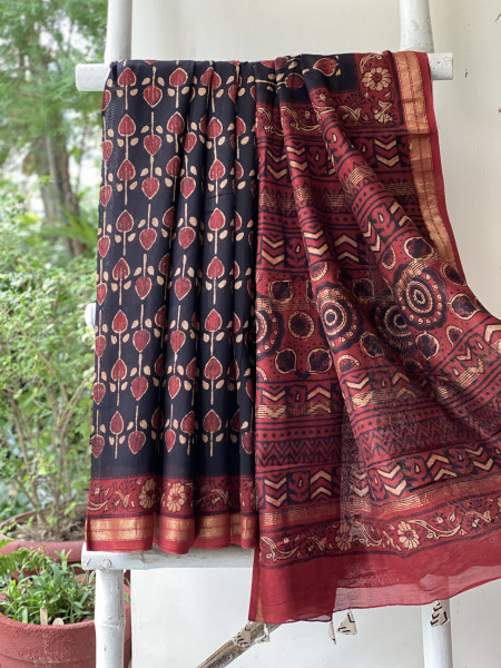BLACK-MAROON HAND BLOCK PRINT CHANDERI SILK COTTON SARI