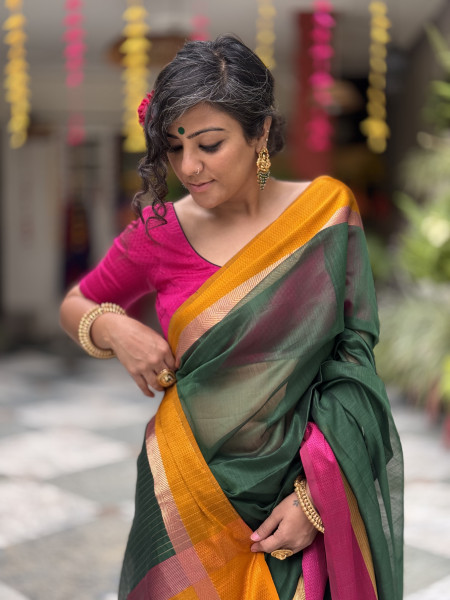 BOTTLE GREEN MAHESHWARI SILK & COTTON SARI