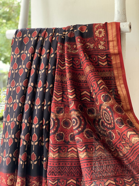 BLACK-MAROON HAND BLOCK PRINT CHANDERI SILK COTTON SARI