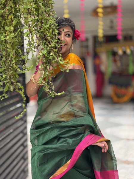 BOTTLE GREEN MAHESHWARI SILK & COTTON SARI