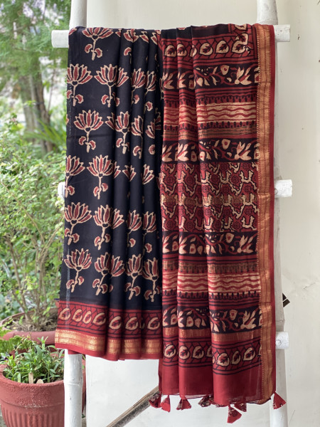 BLACK-MAROON HAND BLOCK PRINT CHANDERI SILK COTTON SARI