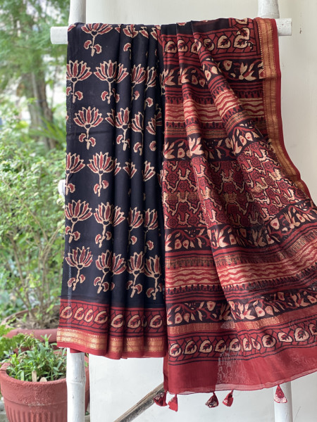 BLACK-MAROON HAND BLOCK PRINT CHANDERI SILK COTTON SARI