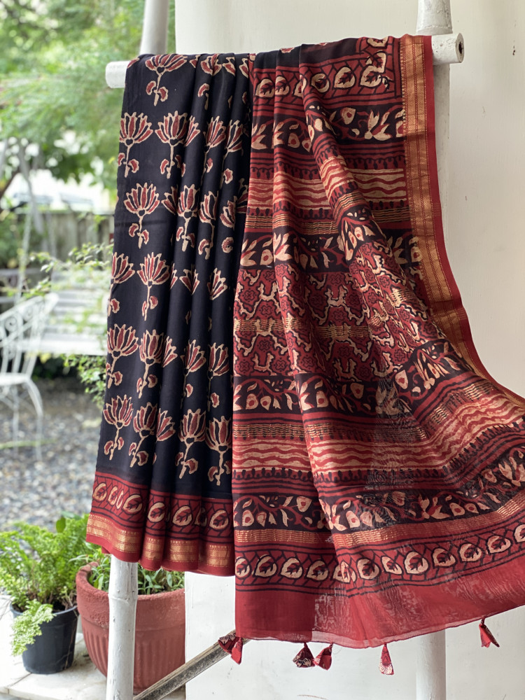 Image of BLACK-MAROON HAND BLOCK PRINT CHANDERI SILK COTTON SARI
