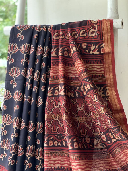 BLACK-MAROON HAND BLOCK PRINT CHANDERI SILK COTTON SARI