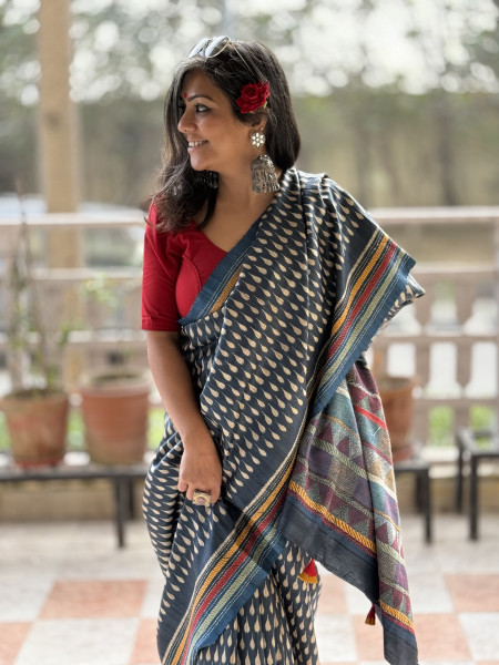 INDIGO HAND BLOCK PRINT KANTHA EMBROIDERED GICHA TUSSAR SILK SARI