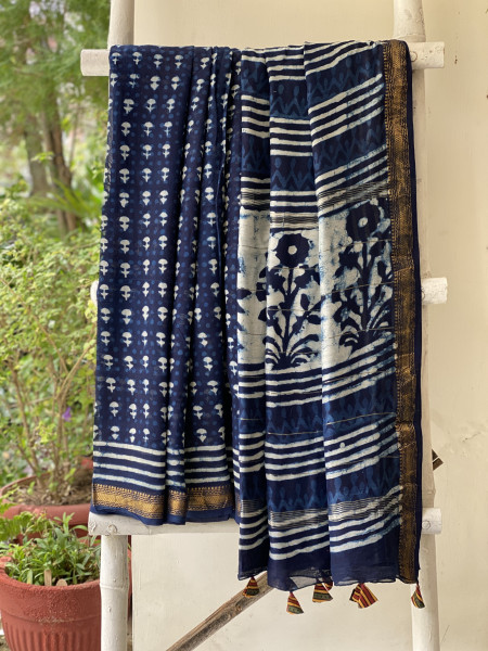 INDIGO HAND BLOCK PRINT CHANDERI SILK COTTON SARI