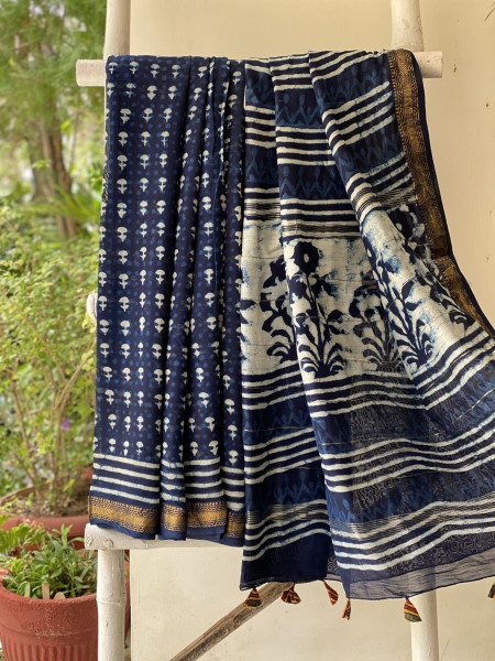 INDIGO HAND BLOCK PRINT CHANDERI SILK COTTON SARI