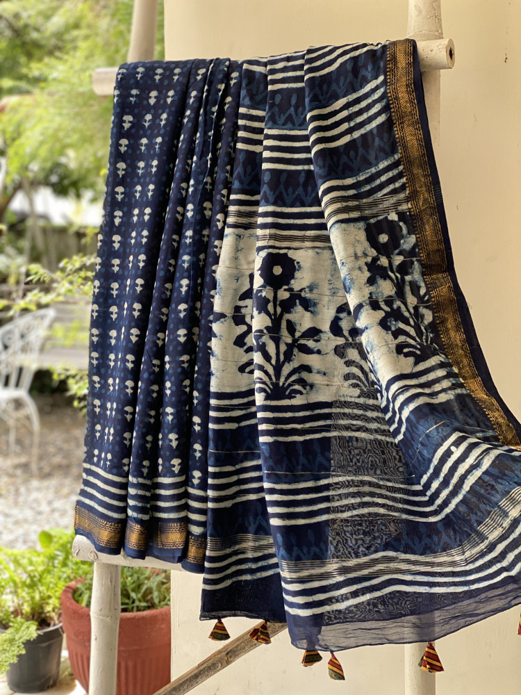 Image of INDIGO HAND BLOCK PRINT CHANDERI SILK COTTON SARI