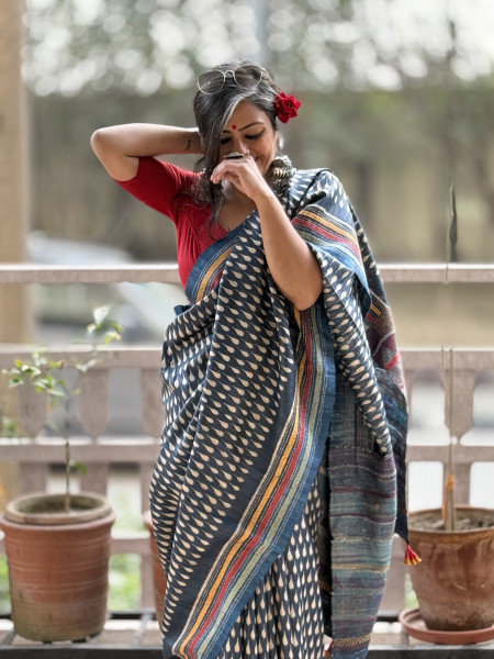 INDIGO HAND BLOCK PRINT KANTHA EMBROIDERED GICHA TUSSAR SILK SARI