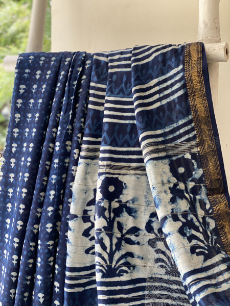 INDIGO HAND BLOCK PRINT CHANDERI SILK COTTON SARI