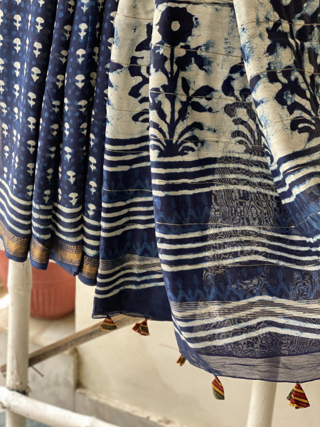 INDIGO HAND BLOCK PRINT CHANDERI SILK COTTON SARI
