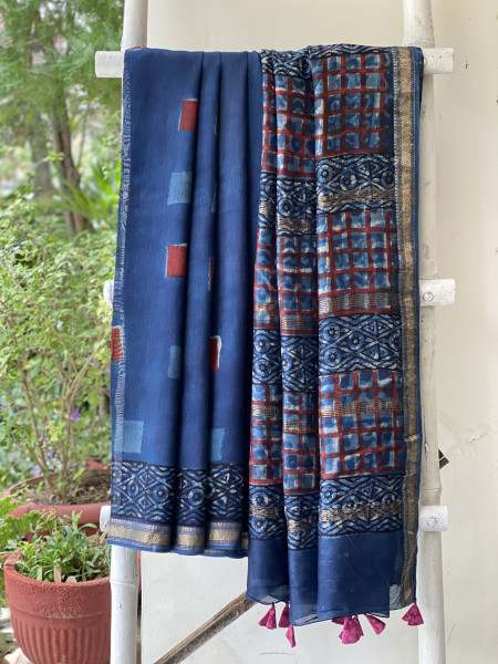 INDIGO HAND BLOCK PRINT CHANDERI SILK COTTON SARI