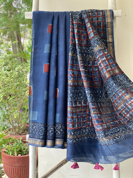 INDIGO HAND BLOCK PRINT CHANDERI SILK COTTON SARI