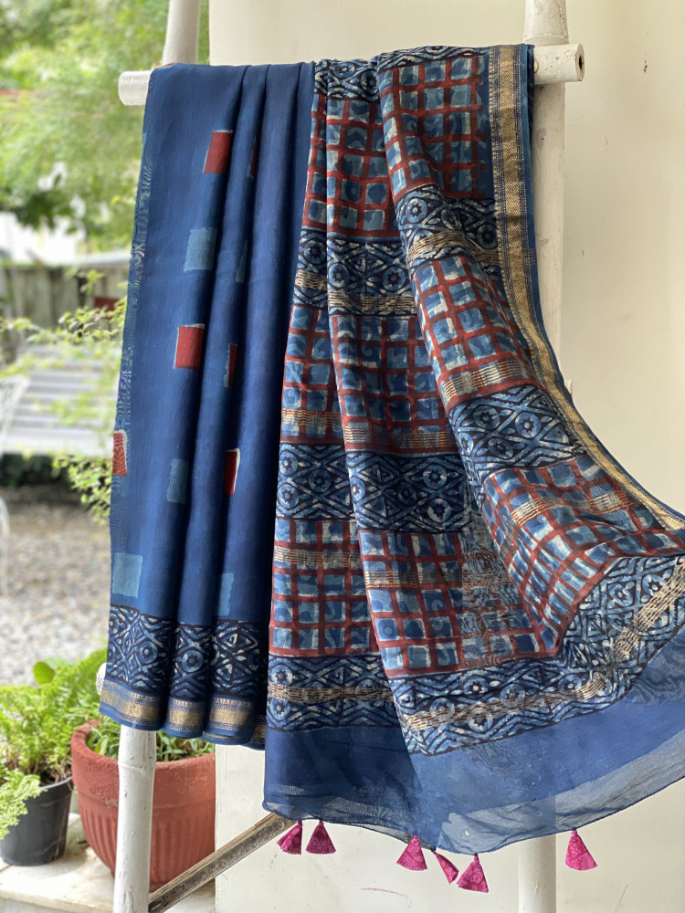 Image of INDIGO HAND BLOCK PRINT CHANDERI SILK COTTON SARI