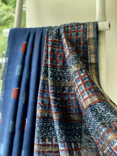 INDIGO HAND BLOCK PRINT CHANDERI SILK COTTON SARI