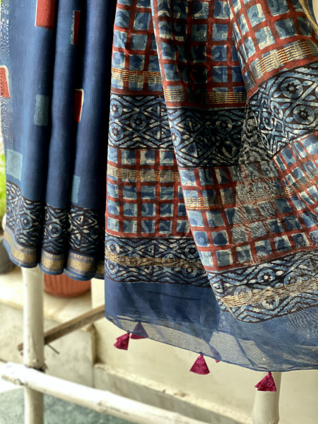 INDIGO HAND BLOCK PRINT CHANDERI SILK COTTON SARI