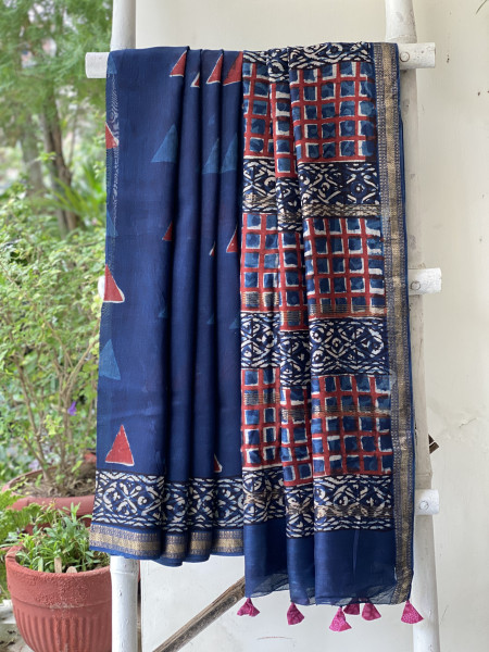 INDIGO HAND BLOCK PRINT CHANDERI SILK COTTON SARI