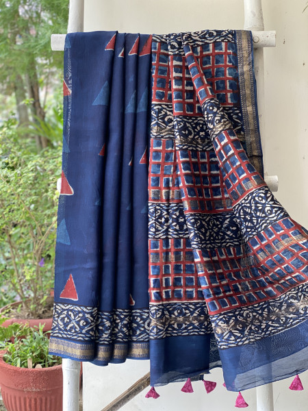 INDIGO HAND BLOCK PRINT CHANDERI SILK COTTON SARI