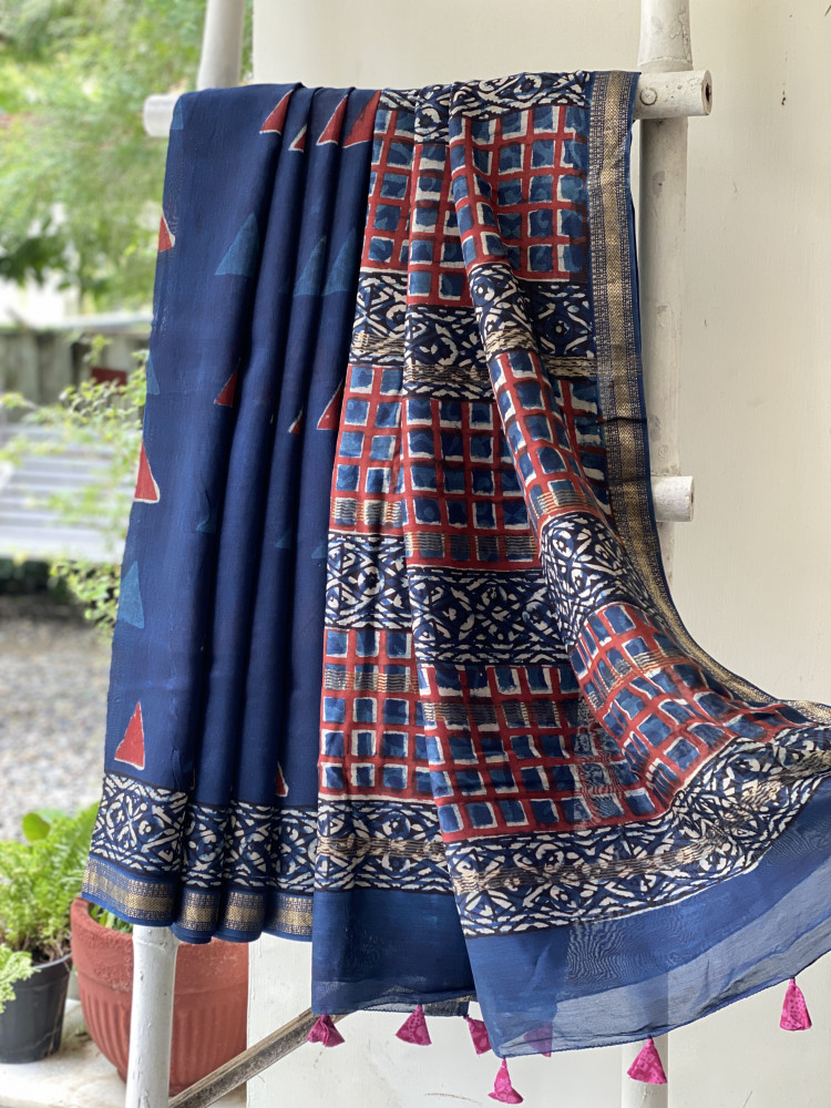 Image of INDIGO HAND BLOCK PRINT CHANDERI SILK COTTON SARI